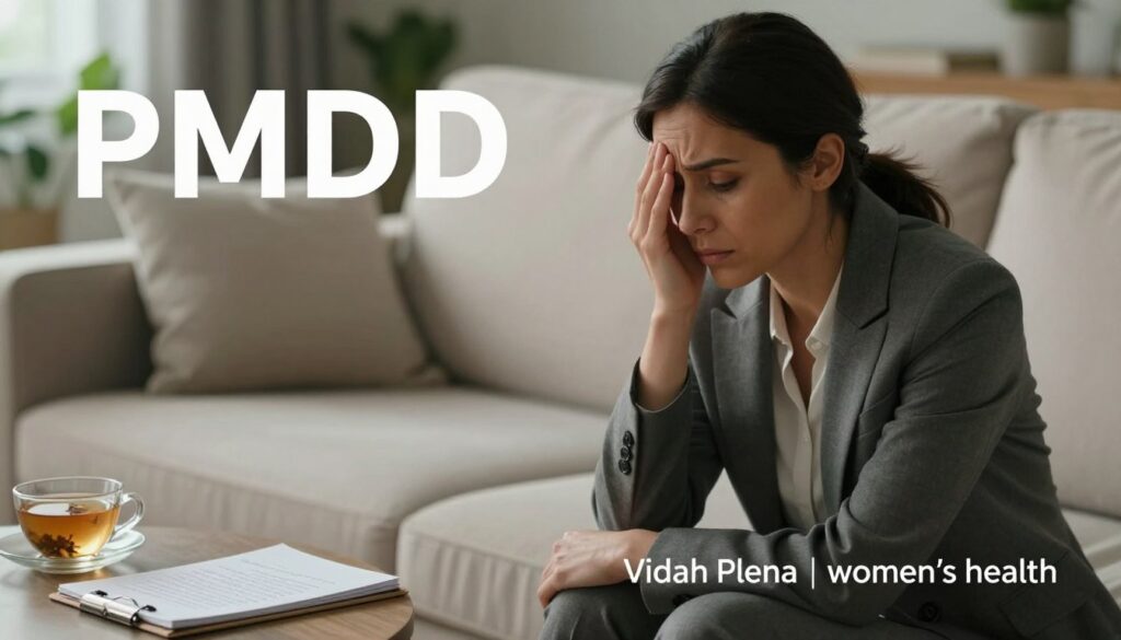 A serene yet emotionally charged image illustrating PMDD anxiety, featuring a woman in professional attire sitting on a soft, neutral-toned couch. The foreground captures her contemplative expression, with soft, natural lighting highlighting her features and casting gentle shadows. In the middle ground, a coffee table holds a notepad with scribbled thoughts and a calming cup of herbal tea, symbolizing self-care. The background includes a softly blurred view of a peaceful room with plant elements that invoke a sense of tranquility and wellness. The overall mood is one of introspection and vulnerability, reflecting the complex emotions associated with PMDD anxiety. The image should convey a premium medical magazine style, aligning with the "Vidah Plena | women's health" brand aesthetic.