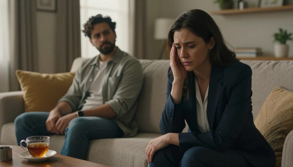 A serene yet emotionally charged scene depicting a couple sitting on a couch in a cozy living room, showcasing common relationship problems linked to PMDD. The foreground features a woman in professional business attire, her expression conveying sadness and frustration, while her partner, dressed in modest casual clothing, looks concerned and unsure. The middle ground includes subtle elements of tension, like a coffee table with an untouched tea set. The background reveals a softly lit room with warm colors, suggesting intimacy and comfort but highlighting emotional distance. Natural light filters through a window, casting gentle shadows, creating a mood of quiet struggle. Capture this image in a realistic style, reminiscent of premium medical magazine aesthetics, to embody the complexities of relationships affected by PMDD. Vidah Plena | women's health.