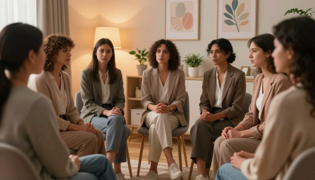 A serene yet emotionally charged scene depicting a women’s health theme focused on emotional PMDD triggers. The foreground features a diverse group of realistic women in professional attire, sitting in a cozy, softly lit therapy room, engaged in conversation, with expressions of empathy and concern. In the middle layer, warm, ambient lighting casts gentle shadows, enhancing the mood of support and understanding. In the background, calming pastel-colored walls adorned with inspiring art and potted plants create a sense of tranquility. The overall atmosphere should evoke warmth, compassion, and connection. Shot with a soft-focus lens to emphasize intimacy, conveying the depths of emotional challenges faced. No text or watermarks; styled to reflect the premium quality of Vidah Plena | women's health magazine.
