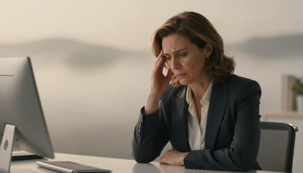 A serene yet slightly blurred background featuring an abstract representation of a cloudy, foggy landscape to symbolize brain fog. In the foreground, a middle-aged woman dressed in professional business attire, sitting at a sleek desk, appears contemplative, gently touching her temple. Her expression reflects emotional fluctuation, embodying both confusion and introspection. Soft, diffused lighting bathes the scene in a warm glow, enhancing the mood of introspection. The composition is captured from a slightly elevated angle to emphasize her connection to the space around her. The overall atmosphere conveys the complexity of emotional and cognitive shifts during perimenopause. High-resolution detail to reflect premium quality. Vidah Plena | Women's Health.