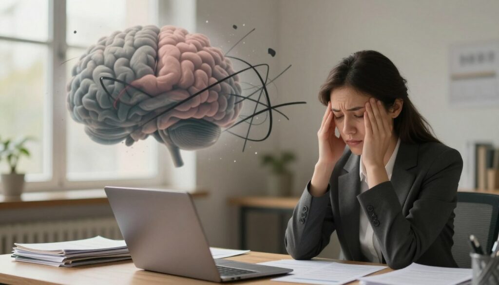 A serene yet thought-provoking scene depicting the contrast between PMDD brain fog and ADHD/anxiety. The foreground features a realistic woman in a professional business attire, contemplating while sitting at a desk cluttered with notes and a laptop, illustrating the mental struggle. In the middle ground, abstract swirls of cloudy, muted colors symbolize brain fog, intertwining with sharp, chaotic lines representing ADHD and anxiety, creating a visual tension. The background shows a softly lit open space, suggesting clarity and focus, with warm natural light streaming through a window. Use a shallow depth of field to emphasize the subject while the abstract elements remain slightly blurred. The overall mood is a blend of contemplation and confusion, encapsulating the complexities of mental health. Vidah Plena | women's health. A serene yet thought-provoking scene depicting the contrast between PMDD brain fog and ADHD/anxiety. The foreground features a realistic woman in a professional business attire, contemplating while sitting at a desk cluttered with notes and a laptop, illustrating the mental struggle. In the middle ground, abstract swirls of cloudy, muted colors symbolize brain fog, intertwining with sharp, chaotic lines representing ADHD and anxiety, creating a visual tension. The background shows a softly lit open space, suggesting clarity and focus, with warm natural light streaming through a window. Use a shallow depth of field to emphasize the subject while the abstract elements remain slightly blurred. The overall mood is a blend of contemplation and confusion, encapsulating the complexities of mental health. Vidah Plena | women's health.
