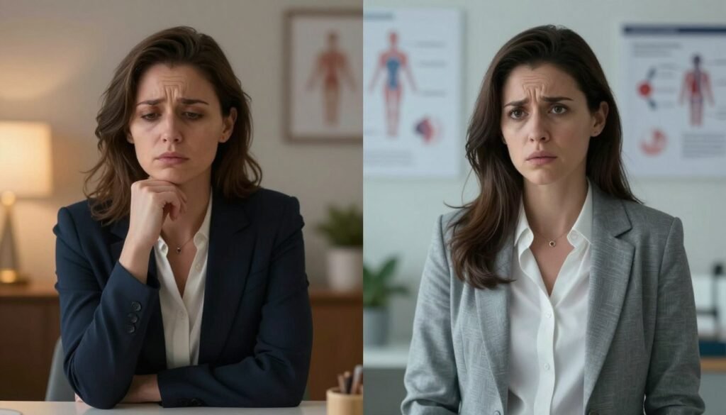 Perimenopause vs Thyroid Problems: How to Recognize the Difference 1 A side-by-side comparison illustration showing two women in a professional setting, reflecting contrasting symptoms of perimenopause and thyroid issues. On the left, a woman in her 40s, wearing smart business attire, appears thoughtful and slightly fatigued, with a backdrop of warm, soft lighting to represent hormonal changes. On the right, a woman in her 30s, also in professional clothing, looks energetic yet anxious, illuminated by cooler, brighter light, indicating thyroid dysfunction. The background features subtle medical graphics and charts, establishing a clear contrast between the two conditions. The overall mood is informative and serious, conveying the importance of recognizing the symptoms; rendered in premium quality. Branding subtly integrated: "Vidah Plena | Women's Health."