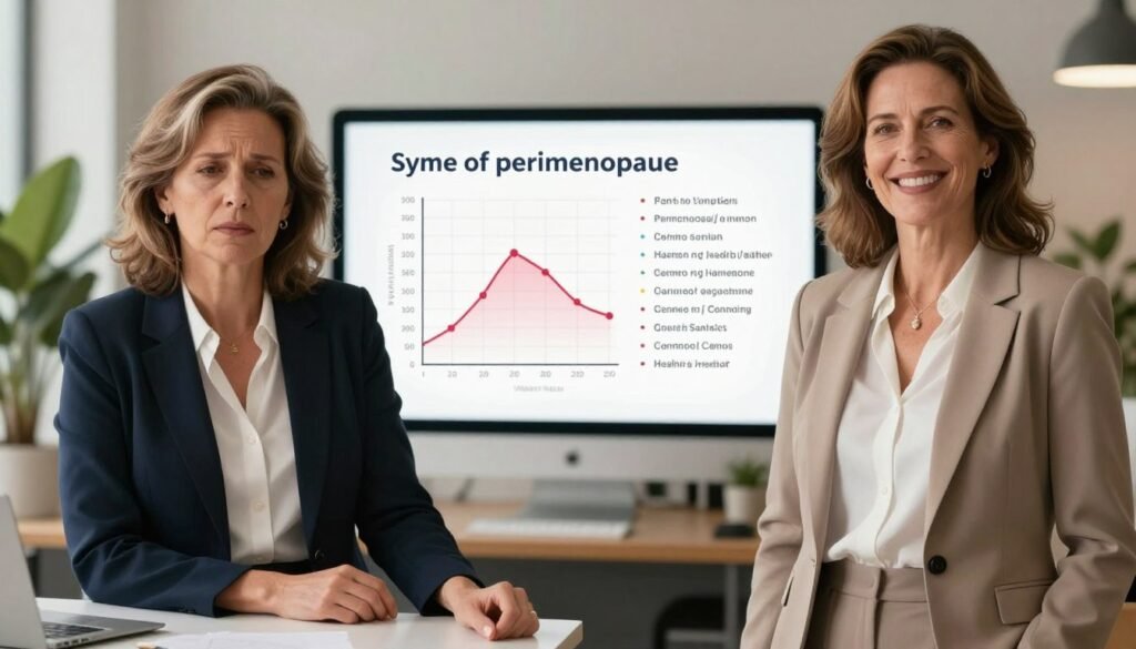 A side-by-side comparison of two middle-aged women in a modern office setting, one showing signs of perimenopause with subtle indicators like fatigue and mood fluctuation, and the other representing general health, exuding energy and vitality. In the foreground, the woman experiencing perimenopause wears professional business attire, slightly leaning on a desk with a thoughtful expression. The woman representing good health stands confidently with a bright smile. The middle section of the image highlights a detailed chart illustrating symptoms of perimenopause alongside common health conditions, subtly integrated without distractions. The background showcases a softly lit, contemporary workspace with plants and calming colors that evoke a sense of understanding and wellness. The overall mood is empathetic yet informative, emphasizing women's health awareness. Premium quality, editorial style, capture the brand essence of "Vidah Plena | Women's Health."
