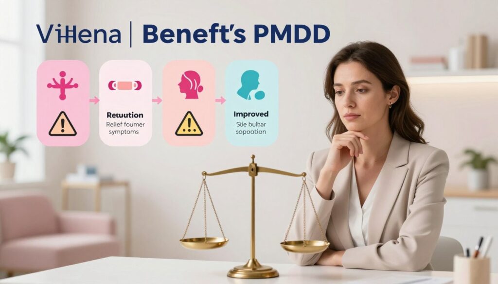 A sleek, modern infographic representing the benefits and risks of birth control for PMDD. In the foreground, a professional woman in modest business attire looks thoughtfully at a balanced scale, symbolizing weighing options. The middle section features vibrant, labeled icons depicting benefits like relief from symptoms, menstrual regulation, and improved mood, alongside warning symbols for risks such as side effects and health concerns. The background includes a soft-focus image of a serene, well-lit clinic setting, with soothing pastel colors that evoke a sense of calm and clarity. The atmosphere is informative yet hopeful, embodying the essence of women's health. This image represents "Vidah Plena | Women's Health" and aims to educate and empower.