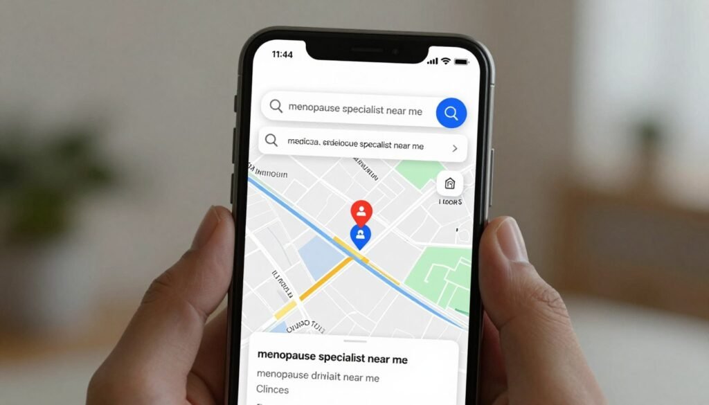 A smartphone screen displaying a search for a menopause specialist near me with several highly-rated medical clinic markers on a map.