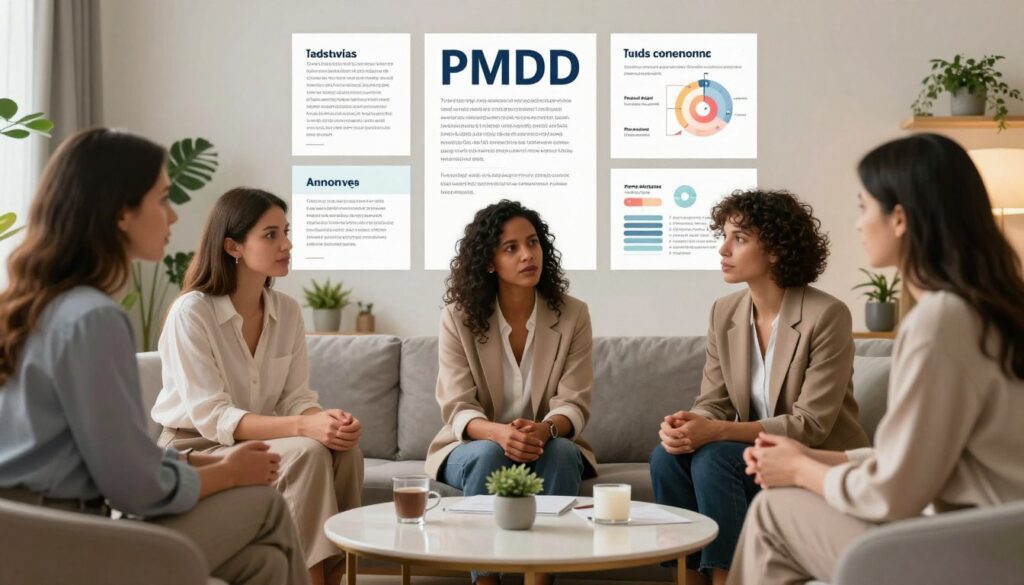 A soft-lit, editorial-style image depicting a collection of various key takeaways related to PMDD symptoms. In the foreground, a diverse group of three realistic women in professional business attire, looking engaged and empathetic, are discussing insights around a modern, elegantly designed coffee table. The middle ground features a neatly arranged presentation of notes, charts, and infographics about PMDD, subtly colored to evoke calmness and clarity. The background is adorned with a cozy, inviting room filled with plants and warm lighting, promoting a sense of support and understanding. The overall mood is informative yet soothing, exuding professionalism and care, perfect for a premium medical magazine style. Brand name: Vidah Plena | women's health. A soft-lit, editorial-style image depicting a collection of various key takeaways related to PMDD symptoms. In the foreground, a diverse group of three realistic women in professional business attire, looking engaged and empathetic, are discussing insights around a modern, elegantly designed coffee table. The middle ground features a neatly arranged presentation of notes, charts, and infographics about PMDD, subtly colored to evoke calmness and clarity. The background is adorned with a cozy, inviting room filled with plants and warm lighting, promoting a sense of support and understanding. The overall mood is informative yet soothing, exuding professionalism and care, perfect for a premium medical magazine style. Brand name: Vidah Plena | women's health.