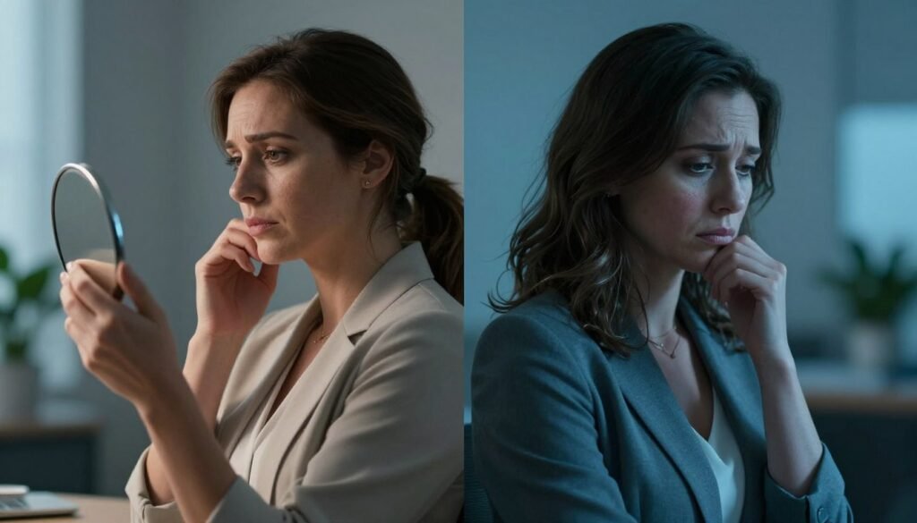 A split image comparing perimenopause and PMDD symptoms, featuring two women in professional business attire standing back-to-back. On the left, depict a woman displaying symptoms of perimenopause—looking contemplative, with soft lighting highlighting her facial features, emphasizing warmth and introspection. She holds a small mirror, reflecting a subtle mood of transition. On the right, the other woman illustrates PMDD symptoms—expressing feelings of sadness and frustration, surrounded by an aura of cool, bluish lighting to convey emotional turbulence. The background should feature a calming, blurred office setting representing women’s health, with hints of greenery to suggest well-being. Emphasize realism and emotional depth, capturing the complexities of these experiences. The image should evoke a sense of understanding and support. Vidah Plena | Women's Health.