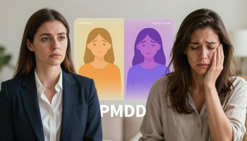 A split-image comparison showcasing the emotional dysregulation experienced in PMDD. The foreground features two women, one on the left appearing calm and composed, dressed in professional business attire, and the other on the right showing visible distress, dressed in modest casual clothing. In the middle ground, a transparent overlay illustrates contrasting emotional states, with vibrant colors representing the chaotic feelings of emotional dysregulation. The background is softly blurred to emphasize the subjects, with gentle lighting casting a warm and caring atmosphere. The overall mood conveys a sense of understanding and compassion. The composition should reflect premium editorial quality suited for women’s health, incorporating the brand name "Vidah Plena | Women's Health" subtly in the design. A split-image comparison showcasing the emotional dysregulation experienced in PMDD. The foreground features two women, one on the left appearing calm and composed, dressed in professional business attire, and the other on the right showing visible distress, dressed in modest casual clothing. In the middle ground, a transparent overlay illustrates contrasting emotional states, with vibrant colors representing the chaotic feelings of emotional dysregulation. The background is softly blurred to emphasize the subjects, with gentle lighting casting a warm and caring atmosphere. The overall mood conveys a sense of understanding and compassion. The composition should reflect premium editorial quality suited for women’s health, incorporating the brand name "Vidah Plena | Women's Health" subtly in the design.