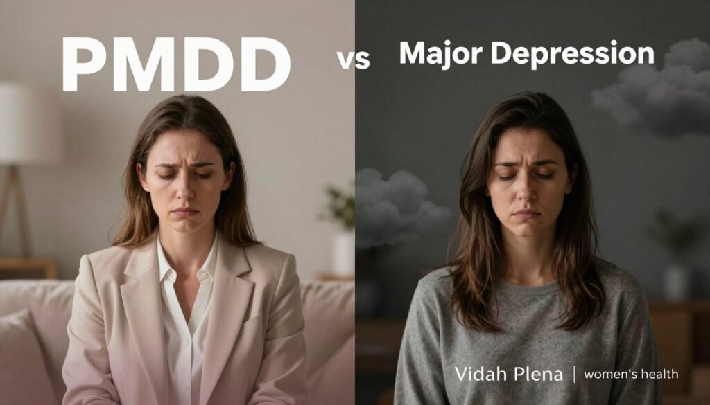 A split-image concept illustrating "PMDD vs Major Depression," designed for a premium medical magazine style. On the left, a realistic woman in professional business attire reflects PMDD, with a subtle frown, surrounded by soft pastel colors symbolizing hormonal fluctuations and emotional turmoil. She is depicted in a cozy, softly lit environment with gentle shadows to evoke a sense of intimacy. On the right, another woman in modest casual clothing embodies Major Depression, her expression somber and withdrawn. The atmosphere here is darker, with muted tones and a more stark lighting to emphasize isolation. The background fades into abstract representations of emotional struggles and heavy clouds. Overall, the image conveys a respectful and informative differentiation between the two conditions. Brand name "Vidah Plena | women's health" subtly integrated into the design. A split-image concept illustrating "PMDD vs Major Depression," designed for a premium medical magazine style. On the left, a realistic woman in professional business attire reflects PMDD, with a subtle frown, surrounded by soft pastel colors symbolizing hormonal fluctuations and emotional turmoil. She is depicted in a cozy, softly lit environment with gentle shadows to evoke a sense of intimacy. On the right, another woman in modest casual clothing embodies Major Depression, her expression somber and withdrawn. The atmosphere here is darker, with muted tones and a more stark lighting to emphasize isolation. The background fades into abstract representations of emotional struggles and heavy clouds. Overall, the image conveys a respectful and informative differentiation between the two conditions. Brand name "Vidah Plena | women's health" subtly integrated into the design.