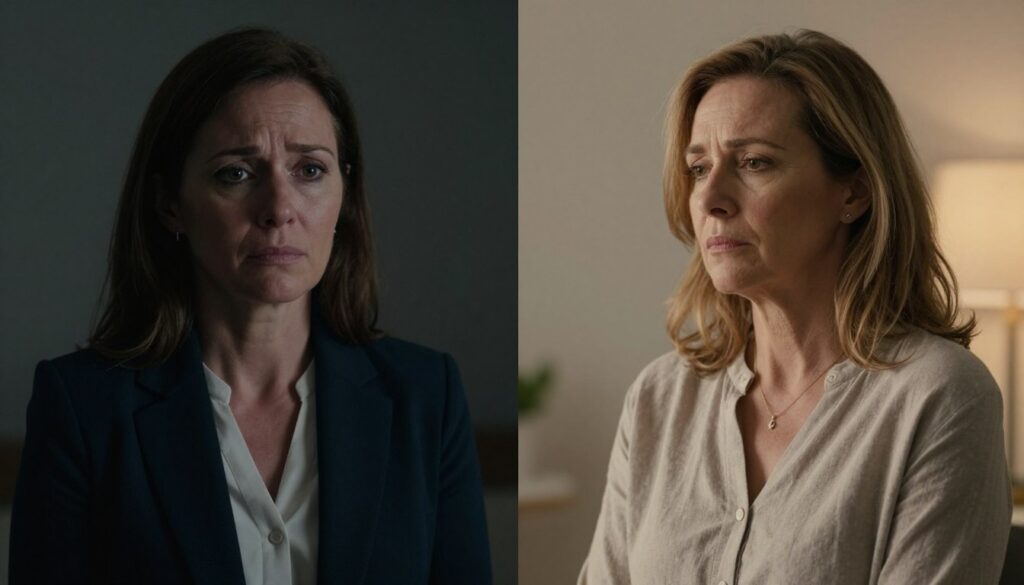 A split image depicting the contrast between PMDD and perimenopause. On the left side, a middle-aged woman in professional business attire, looking distressed, surrounded by dark, moody lighting to reflect the emotional struggles of PMDD. Her expression conveys anxiety and discomfort, with shadows emphasizing her features. On the right side, another middle-aged woman in modest casual clothing, appearing calm and contemplative, illuminated by soft, warm lighting to signify the transition into perimenopause. A serene background with gentle colors to create a balanced atmosphere. The overall composition should evoke a sense of contrast between the struggles of PMDD and the peaceful acceptance of perimenopause, capturing the essence of women's health. Editorial women’s health photos, realistic, professional, emotional, premium quality. Vidah Plena | Women's Health. A split image depicting the contrast between PMDD and perimenopause. On the left side, a middle-aged woman in professional business attire, looking distressed, surrounded by dark, moody lighting to reflect the emotional struggles of PMDD. Her expression conveys anxiety and discomfort, with shadows emphasizing her features. On the right side, another middle-aged woman in modest casual clothing, appearing calm and contemplative, illuminated by soft, warm lighting to signify the transition into perimenopause. A serene background with gentle colors to create a balanced atmosphere. The overall composition should evoke a sense of contrast between the struggles of PMDD and the peaceful acceptance of perimenopause, capturing the essence of women's health. Editorial women’s health photos, realistic, professional, emotional, premium quality. Vidah Plena | Women's Health.