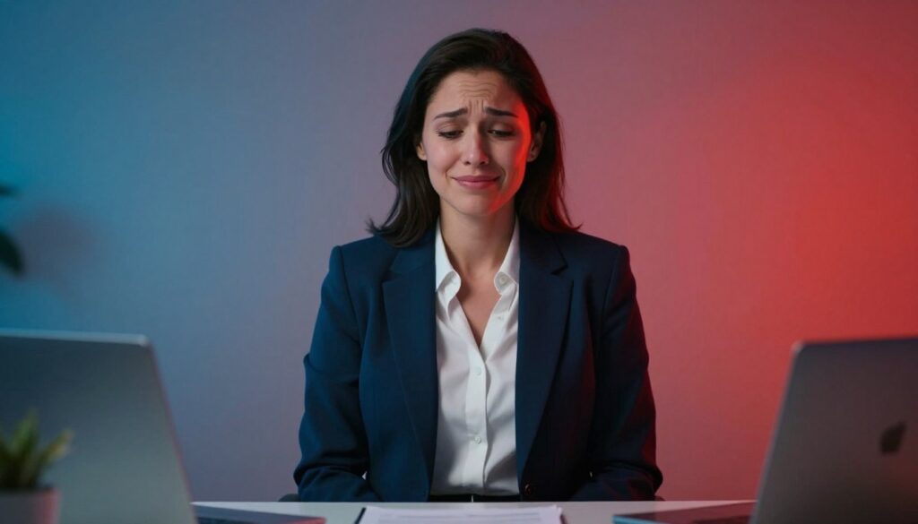 A split image depicting the contrasting emotions of hormonal mood swings associated with PMDD. In the foreground, a woman in professional business attire stands at a desk, her face showing a range of emotions from deep sadness on one side to vibrant joy on the other, illustrating the duality of her experience. The middle layer features a subtle gradient background that shifts from calming blues to intense reds, representing the tumultuous nature of hormonal changes. Soft, diffused lighting highlights the woman's features, creating an intimate and relatable atmosphere that resonates with viewers. The scene should evoke empathy and understanding, capturing the essence of women’s health challenges. Styled in a premium medical magazine format, incorporate the brand name "Vidah Plena | women's health" discreetly.