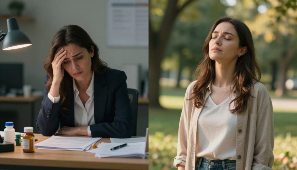 A split image depicting two contrasting scenes illustrating PMDD Anxiety and Generalized Anxiety Disorder. On the left, a woman in professional attire, looking stressed and overwhelmed, sitting at a cluttered desk, surrounded by pharmaceutical bottles and scattered papers; soft overhead lighting with a slight blue tone to evoke anxiety. On the right, a different woman in a calm, modest casual outfit, standing in a serene outdoor setting, breathing deeply with a peaceful expression, bathed in warm, golden sunlight to symbolize relief and tranquility. Both women should have realistic features, with clear emotional expressions. The backgrounds contrast a chaotic indoor office versus a tranquil park. The overall mood should convey the stark difference between the two anxiety experiences. Editorial women's health photography, premium medical magazine style. Vidah Plena | women's health.