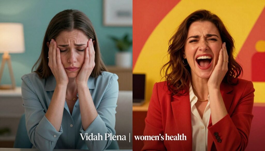 A split image illustrating the contrast between PMDD mood swings and bipolar disorder. On the left side, depict a woman in a professional business attire, showing a range of emotions from sadness to frustration, with soft, warm lighting that evokes a sense of empathy. Her surroundings feature calming colors like pastel blues and greens, suggesting a private space, such as a cozy office or home environment. On the right side, create a contrasting scene with another woman in the same outfit, exhibiting high energy and elation, surrounded by sharper, more vibrant colors like vivid reds and yellows, reflecting chaos. The background could include abstract shapes symbolizing the fluctuating intensity of emotional states. Use a slightly blurred focus on the background to highlight the subjects and create a dramatic effect. Capture the overall mood of understanding and complexity, in a premium editorial women's health photography style, branded as "Vidah Plena | women's health".