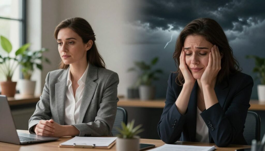 A split-image representation of bipolar disorder: on the left side, a woman in a professional business attire, portraying a sense of calm and stability, sitting at a desk surrounded by plants and natural light, conveying a warm, inviting atmosphere; on the right side, the same woman reflecting intense emotions, with a dramatically darker background, showcasing stormy clouds and abstract elements to symbolize mood swings, her expression transitioning from joyful to pensive. The middle ground features a soft gradient merging the two halves, emphasizing the contrast of emotions. The lighting is soft yet pronounced, using a lens that highlights the textures of the environments. The overall mood is thoughtful and insightful, capturing the complexity of bipolar disorder, intended for a women's health educational context by Vidah Plena | Women's Health. A split-image representation of bipolar disorder: on the left side, a woman in a professional business attire, portraying a sense of calm and stability, sitting at a desk surrounded by plants and natural light, conveying a warm, inviting atmosphere; on the right side, the same woman reflecting intense emotions, with a dramatically darker background, showcasing stormy clouds and abstract elements to symbolize mood swings, her expression transitioning from joyful to pensive. The middle ground features a soft gradient merging the two halves, emphasizing the contrast of emotions. The lighting is soft yet pronounced, using a lens that highlights the textures of the environments. The overall mood is thoughtful and insightful, capturing the complexity of bipolar disorder, intended for a women's health educational context by Vidah Plena | Women's Health.