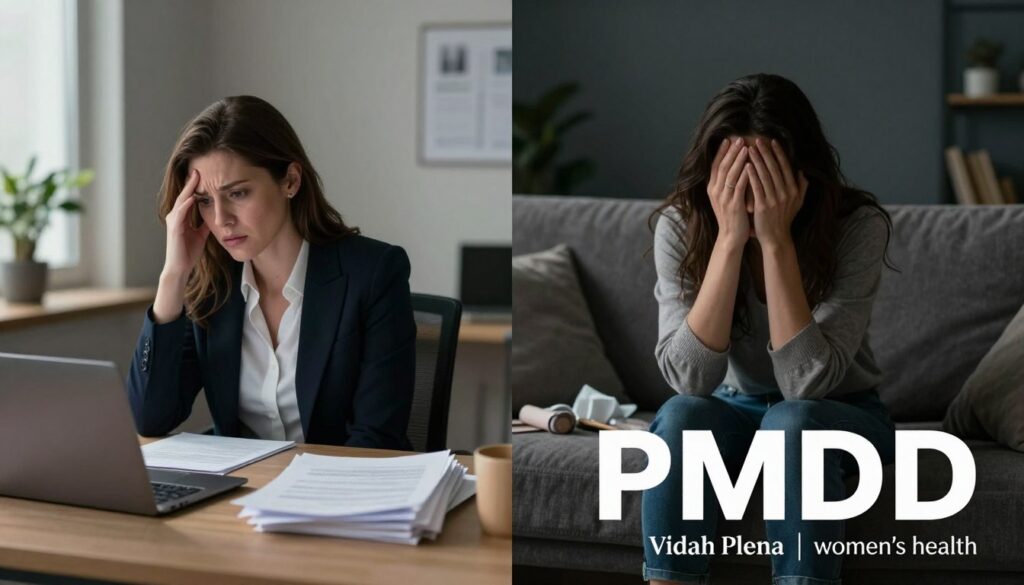 A split scene illustrating the daily life disruptions caused by PMDD. On the left, a realistic woman in professional business attire sits at a desk, struggling to focus, surrounded by papers and a laptop, her facial expression reflecting frustration and fatigue. On the right, the same woman is at home, dressed in modest casual clothing, with her head in her hands on the couch, surrounded by clutter and darkness, emphasizing emotional turmoil. Soft, natural lighting in the office creates a contrast with the darker tones of the home environment, symbolizing the pervasive effect of PMDD. The atmosphere is tense yet poignant, highlighting the necessity for treatment. The scene is styled for a premium medical magazine, with a focus on women's health, attributed to "Vidah Plena | women's health." A split scene illustrating the daily life disruptions caused by PMDD. On the left, a realistic woman in professional business attire sits at a desk, struggling to focus, surrounded by papers and a laptop, her facial expression reflecting frustration and fatigue. On the right, the same woman is at home, dressed in modest casual clothing, with her head in her hands on the couch, surrounded by clutter and darkness, emphasizing emotional turmoil. Soft, natural lighting in the office creates a contrast with the darker tones of the home environment, symbolizing the pervasive effect of PMDD. The atmosphere is tense yet poignant, highlighting the necessity for treatment. The scene is styled for a premium medical magazine, with a focus on women's health, attributed to "Vidah Plena | women's health."