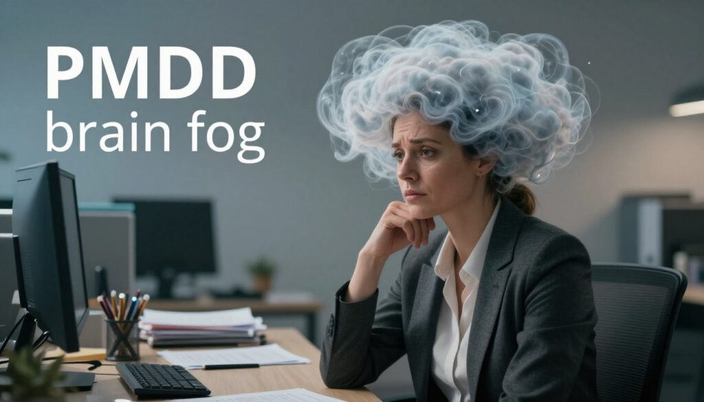 A surreal depiction of "PMDD brain fog" illustrating the concept of mental cloudiness and confusion. In the foreground, a woman in professional business attire sits at a cluttered desk, her expression thoughtful yet perplexed, as swirling, translucent cloud-like forms envelop her head, representing foggy thoughts. The middle ground features blurred office items and papers, symbolizing disorganization and distraction. The background is softly lit with a gradient of muted blues and grays, creating a calming yet unsettling atmosphere. Use soft, diffused lighting to evoke a sense of introspection, captured with a shallow depth of field to focus on the woman's face. The overall composition reflects the emotional struggle of PMDD brain fog in a visually engaging manner. Incorporate the brand name "Vidah Plena | women's health" subtly in the design.