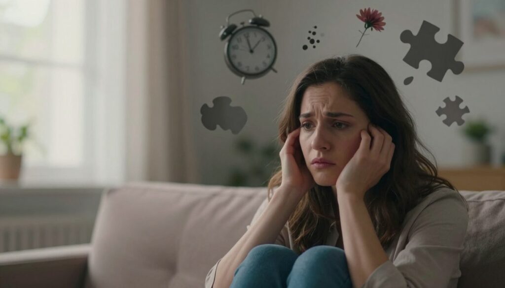 A surreal illustration capturing the essence of common intrusive thoughts related to emotional health. In the foreground, a woman in modest casual clothing sits on a soft couch, her expression a mix of contemplation and concern. In the middle ground, shadowy, abstract representations of bothersome thoughts swirl around her head—dissonant images like a clock, a falling flower, and an unfinished puzzle, symbolizing anxiety and overwhelming scenarios. The background features a softly illuminated room with gentle light streaming through a window, creating a warm and inviting atmosphere. The color palette blends soothing pastels with darker shades to evoke the complexity of mental health. Shot with a close-up lens to emphasize the woman's emotional state. Editorial women’s health style, premium quality, safe for work. Vidah Plena | Women's Health. A surreal illustration capturing the essence of common intrusive thoughts related to emotional health. In the foreground, a woman in modest casual clothing sits on a soft couch, her expression a mix of contemplation and concern. In the middle ground, shadowy, abstract representations of bothersome thoughts swirl around her head—dissonant images like a clock, a falling flower, and an unfinished puzzle, symbolizing anxiety and overwhelming scenarios. The background features a softly illuminated room with gentle light streaming through a window, creating a warm and inviting atmosphere. The color palette blends soothing pastels with darker shades to evoke the complexity of mental health. Shot with a close-up lens to emphasize the woman's emotional state. Editorial women’s health style, premium quality, safe for work. Vidah Plena | Women's Health.