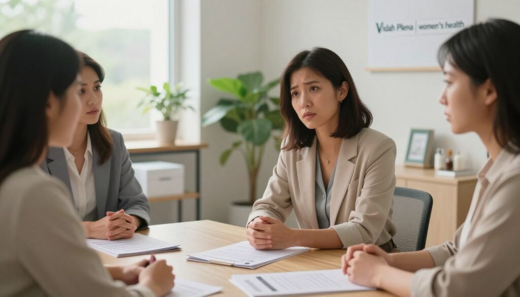 A thoughtful and compassionate scene illustrating the concept of PMDD as a potential disability. Foreground: a diverse group of three women in professional attire discussing and sharing their experiences about PMDD, displaying empathy and support. Middle: a cozy, well-lit medical office, featuring a conference table with clinical brochures and a potted plant for a touch of warmth. Background: a soft-focus window with natural light streaming in, suggesting a serene, safe environment. The women's expressions should reflect concern and understanding, creating an atmosphere of support and advocacy for women's health issues. Image in a premium editorial style suitable for “Vidah Plena | women's health,” with a sharp focus on the subjects, captured at eye level with soft lighting to enhance a sense of approachability and empathy. A thoughtful and compassionate scene illustrating the concept of PMDD as a potential disability. Foreground: a diverse group of three women in professional attire discussing and sharing their experiences about PMDD, displaying empathy and support. Middle: a cozy, well-lit medical office, featuring a conference table with clinical brochures and a potted plant for a touch of warmth. Background: a soft-focus window with natural light streaming in, suggesting a serene, safe environment. The women's expressions should reflect concern and understanding, creating an atmosphere of support and advocacy for women's health issues. Image in a premium editorial style suitable for “Vidah Plena | women's health,” with a sharp focus on the subjects, captured at eye level with soft lighting to enhance a sense of approachability and empathy.