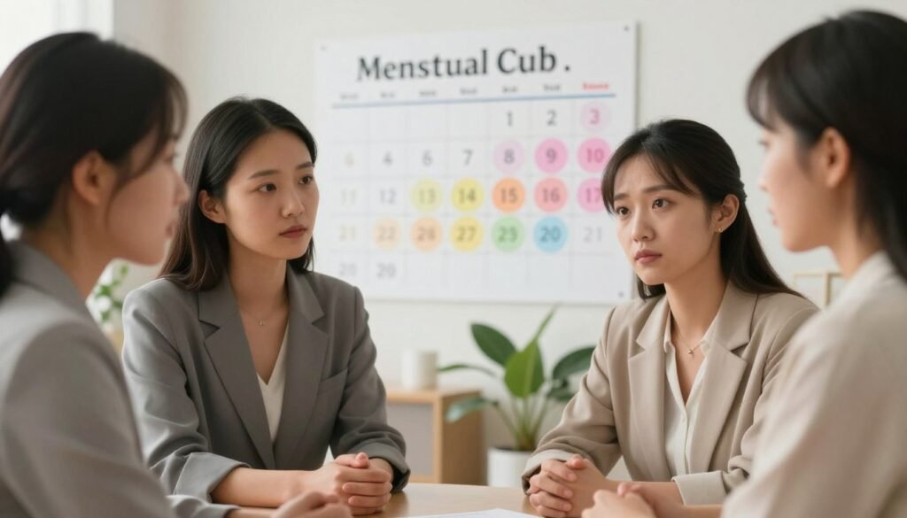ADHD and PMDD: Why These Conditions Commonly Overlap 3 A thoughtful and emotional composition illustrating the connection between the menstrual cycle and ADHD symptoms. In the foreground, a close-up of a diverse group of women, dressed in professional business attire, engaged in a supportive discussion, conveying empathy and understanding. In the middle, a subtle representation of a calendar indicating various hormonal phases, color-coded to reflect emotional fluctuations. The background features soft, diffused lighting to create a calm atmosphere, with organic elements like plants to symbolize growth and healing. Use a shallow depth of field to focus on the women while gently blurring the calendar, enhancing the emotional connection. The overall mood should be warm, supportive, and enlightening, emphasizing the importance of awareness around these interrelated conditions.