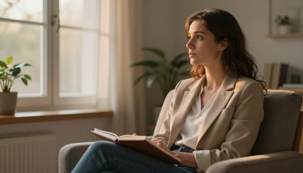 A thoughtful and introspective woman in a cozy yet professional setting, dressed in casual business attire, sits on a comfortable armchair with a notebook in her lap. She appears contemplative, gazing out of a softly lit window that casts warm, golden hues across the room, suggesting an early morning ambiance. In the background, a subtle array of plants adds to the calming atmosphere. The foreground captures her expression of mixed emotions, signifying the complexities of premenstrual dysphoric disorder (PMDD). The lighting enhances her reflective mood, while soft shadows create depth. The overall image conveys a sense of understanding and empathy, emphasizing the connection between mental health and emotional well-being, suitable for an article on ADHD and PMDD. A thoughtful and introspective woman in a cozy yet professional setting, dressed in casual business attire, sits on a comfortable armchair with a notebook in her lap. She appears contemplative, gazing out of a softly lit window that casts warm, golden hues across the room, suggesting an early morning ambiance. In the background, a subtle array of plants adds to the calming atmosphere. The foreground captures her expression of mixed emotions, signifying the complexities of premenstrual dysphoric disorder (PMDD). The lighting enhances her reflective mood, while soft shadows create depth. The overall image conveys a sense of understanding and empathy, emphasizing the connection between mental health and emotional well-being, suitable for an article on ADHD and PMDD.