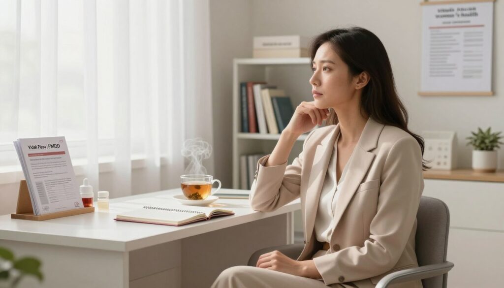 A thoughtful and serene woman in a professional business outfit sits alone in a softly lit, modern clinic office, surrounded by medical charts and pamphlets related to women's health. She gazes pensively out of a window, reflecting the confusion and emotional turmoil often associated with PMDD misdiagnosis. In the foreground, a calm and inviting atmosphere is portrayed with soft pastel colors and natural light filtering through sheer curtains. In the middle ground, a desk is neatly organized with an open notebook and a steaming cup of herbal tea, suggesting self-care practices. The background features a simple bookshelf stocked with medical literature, emphasizing the importance of understanding women's health conditions. The mood is one of contemplation and understanding, embodying the challenges of recognizing PMDD. Stylish, editorial quality suitable for a premium medical magazine, branded "Vidah Plena | women's health". A thoughtful and serene woman in a professional business outfit sits alone in a softly lit, modern clinic office, surrounded by medical charts and pamphlets related to women's health. She gazes pensively out of a window, reflecting the confusion and emotional turmoil often associated with PMDD misdiagnosis. In the foreground, a calm and inviting atmosphere is portrayed with soft pastel colors and natural light filtering through sheer curtains. In the middle ground, a desk is neatly organized with an open notebook and a steaming cup of herbal tea, suggesting self-care practices. The background features a simple bookshelf stocked with medical literature, emphasizing the importance of understanding women's health conditions. The mood is one of contemplation and understanding, embodying the challenges of recognizing PMDD. Stylish, editorial quality suitable for a premium medical magazine, branded "Vidah Plena | women's health".