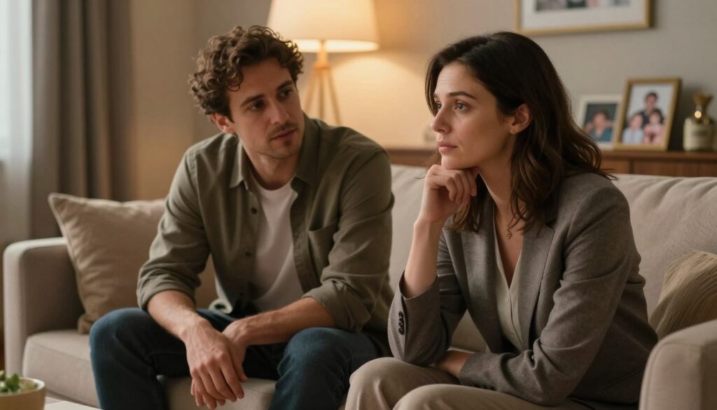 A thoughtful couple discussing challenges related to PMDD in a cozy, warm-toned living room, conveying a sense of intimacy and support. In the foreground, a woman in professional business attire sits on a plush sofa, her expression contemplative, while in the middle, a man in modest casual clothing leans slightly forward, engaged and empathetic. Soft lighting from a nearby lamp creates a comforting atmosphere. In the background, subtle hints of a family setting with framed photographs and warm decor enhance the emotional weight. The overall mood is reflective, promoting understanding and dialogue about marriage challenges linked to PMDD. High-quality editorial photography style reminiscent of premium medical magazines. Vidah Plena | women's health. A thoughtful couple discussing challenges related to PMDD in a cozy, warm-toned living room, conveying a sense of intimacy and support. In the foreground, a woman in professional business attire sits on a plush sofa, her expression contemplative, while in the middle, a man in modest casual clothing leans slightly forward, engaged and empathetic. Soft lighting from a nearby lamp creates a comforting atmosphere. In the background, subtle hints of a family setting with framed photographs and warm decor enhance the emotional weight. The overall mood is reflective, promoting understanding and dialogue about marriage challenges linked to PMDD. High-quality editorial photography style reminiscent of premium medical magazines. Vidah Plena | women's health.