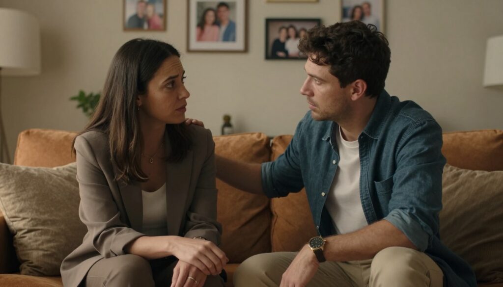A thoughtful couple in a softly-lit living room, engaged in a supportive conversation, with emotional expressions reflecting concern and understanding. The woman, in professional business attire, conveys both strength and vulnerability, while the man, also dressed in smart casual clothing, leans slightly towards her, offering a comforting presence. In the background, a cozy couch with warm tones and some family photos on the wall symbolize their shared life. The lighting is warm, creating an intimate atmosphere, emphasizing the depth of their relationship. A subtle hint of greenery from an indoor plant adds a touch of tranquility. This scene captures the challenges of PMDD in marriage while highlighting the importance of communication and support. Vidah Plena | women's health. A thoughtful couple in a softly-lit living room, engaged in a supportive conversation, with emotional expressions reflecting concern and understanding. The woman, in professional business attire, conveys both strength and vulnerability, while the man, also dressed in smart casual clothing, leans slightly towards her, offering a comforting presence. In the background, a cozy couch with warm tones and some family photos on the wall symbolize their shared life. The lighting is warm, creating an intimate atmosphere, emphasizing the depth of their relationship. A subtle hint of greenery from an indoor plant adds a touch of tranquility. This scene captures the challenges of PMDD in marriage while highlighting the importance of communication and support. Vidah Plena | women's health.