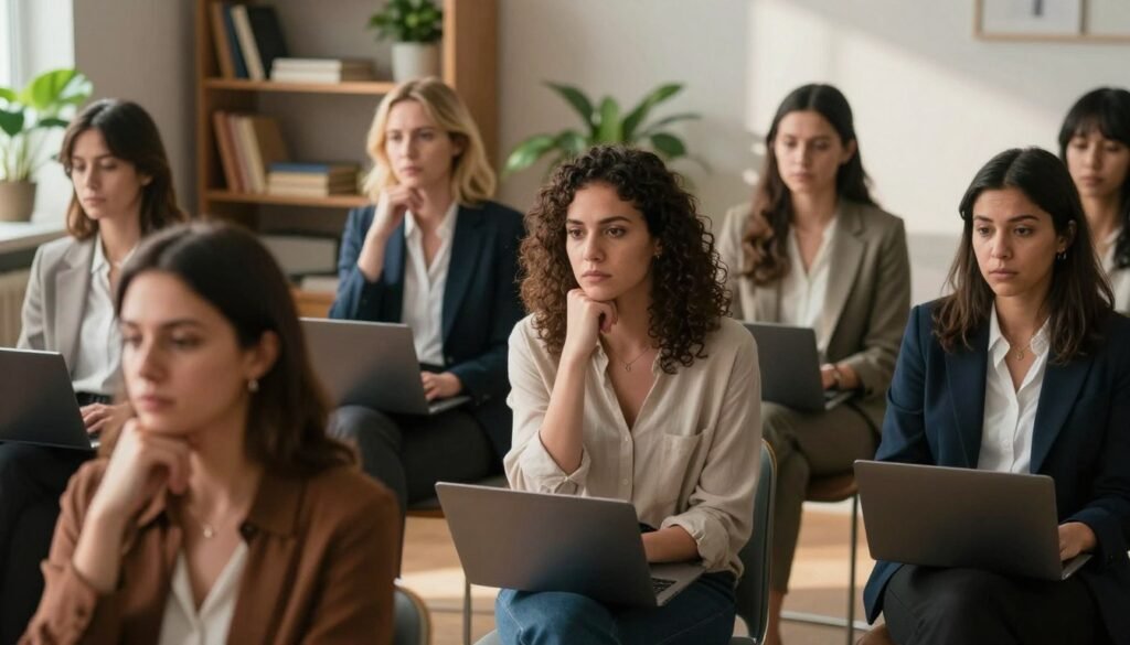 ADHD and PMDD: Why These Conditions Commonly Overlap 2 A thoughtful depiction of a diverse group of women, representing varying ages and ethnicities, sitting in a cozy, softly-lit room. The foreground features close-up shots of their expressions showcasing moments of distraction, reflection, and determination. In the middle, some women engage in conversations, while others appear focused on their laptops or notepads, representing the challenges of ADHD. The background includes a shelf filled with books and calming plants, enhancing the warm, inviting atmosphere. Natural light floods the scene, creating soft shadows that evoke a sense of introspection. The overall mood should be one of understanding and connection, perfect for visually illustrating the unique experiences of women with ADHD. Professional attire is recommended for all subjects to maintain a polished look.