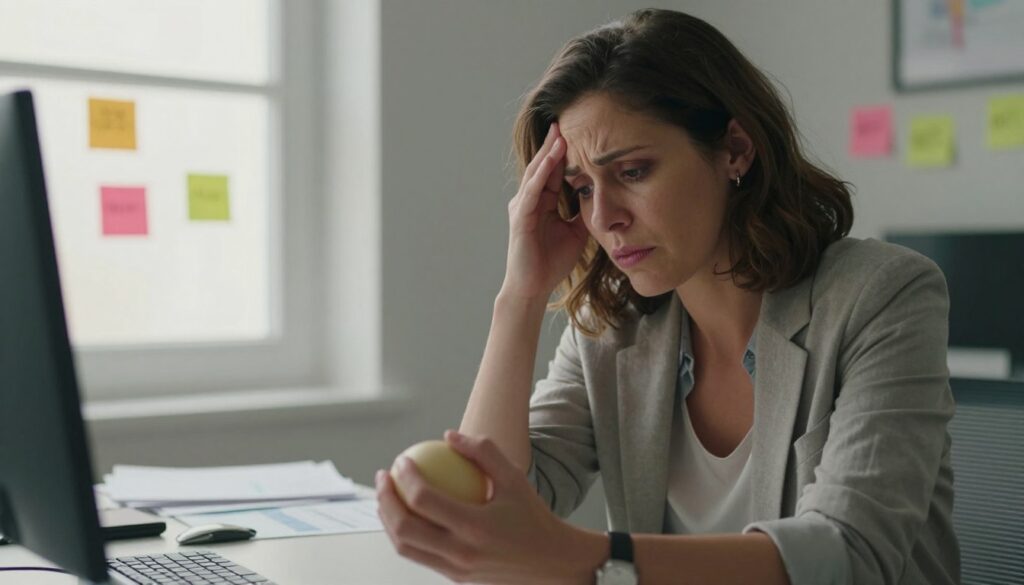 PMDD and Emotional Dysregulation: Why Emotions Feel Harder to Control 1 A thoughtful depiction of emotional dysregulation associated with PMDD, featuring a professional woman in modest casual attire sitting at a desk, her expression reflecting a mix of frustration and contemplation. In the foreground, a close-up of her hands clutching a stress ball, conveying tension. The middle layer shows a cluttered workspace with scattered papers and colorful sticky notes illustrating common symptoms such as mood swings, anxiety, and irritability. In the background, soft, diffused natural lighting streaming through a window creates a calm atmosphere, contrasting with the inner turmoil expressed by the subject. The overall mood is introspective and emotional, highlighting the struggle for emotional balance. This image embodies the essence of "Vidah Plena | Women's Health" with premium quality and realism.