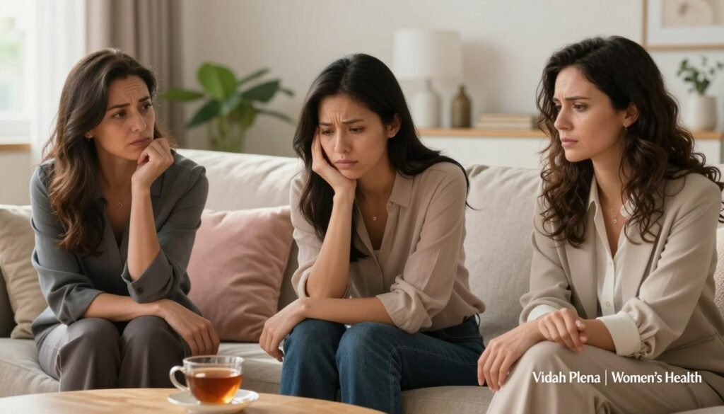 Perimenopause Irritability: Understanding Mood Changes 1 A thoughtful scene depicting a group of women in a cozy, well-lit living room, showcasing the emotional journey of perimenopause irritability. The foreground features three women, each with distinct expressions of contemplation, frustration, and understanding, dressed in professional business attire reflecting a blend of comfort and professionalism. In the middle ground, soft pillows and a warm cup of tea on a coffee table suggest a supportive environment for discussions. The background hints at a serene setting with warm pastel tones, plants, and natural light streaming through a window, creating an inviting and reflective atmosphere. The image should evoke a sense of connection, empathy, and the shared experience of mood changes. High-resolution, with a soft focus on the subjects, capturing their emotional depth. Branding should include "Vidah Plena | Women's Health" subtly integrated into the scene.