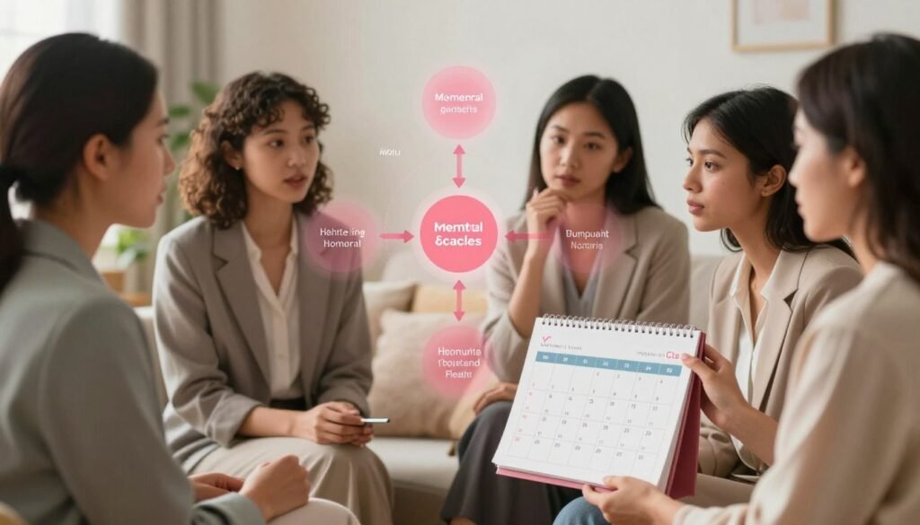 A thoughtful, visually engaging illustration of the menstrual cycle changes through a professional lens. In the foreground, depict a diverse group of women in professional attire discussing their experiences; one woman holds a calendar marked with various days indicating different menstrual phases. In the middle, a clear infographic subtly represented as a semi-transparent overlay shows the hormonal shifts and their effects on mood and physical health. The background includes soft, warm lighting that creates an inviting atmosphere, with hints of nature like green plants to evoke a sense of wellness. The overall mood is informational and supportive, reflecting the journey of understanding menstrual cycle changes. High-quality, realistic style suitable for editorial purposes under "Vidah Plena | Women's Health."