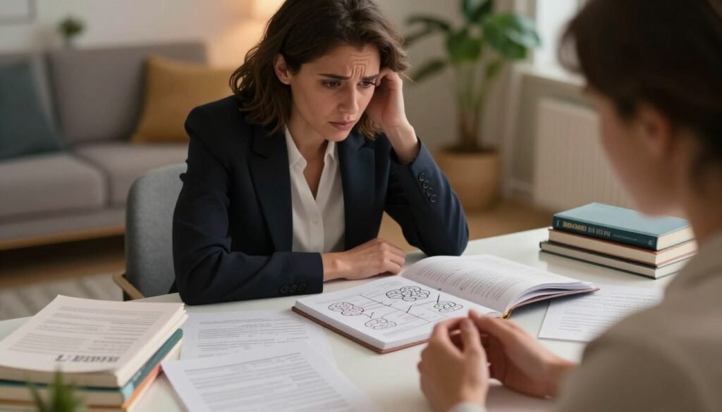 Undiagnosed ADHD in Women: 15 Signs You Shouldn't Ignore 1 A thoughtful woman in a professional business attire sits at a cluttered desk, her expression reflecting a mixture of concern and introspection. Papers scattered around her include diagnostic forms, notes, and books on ADHD. In the foreground, a close-up of her hands tapping nervously on the desk reveals her anxiety. In the middle ground, a half-open notebook showcases mind maps and annotations, illustrating her attempts to organize thoughts. The background features a softly lit room with soothing colors and plants, evoking a sense of calm amidst chaos. The lighting is warm and inviting, creating an intimate atmosphere that underscores the emotional weight of her journey. The angle captures her from slightly above, emphasizing her contemplation and the weight of undiagnosed challenges.