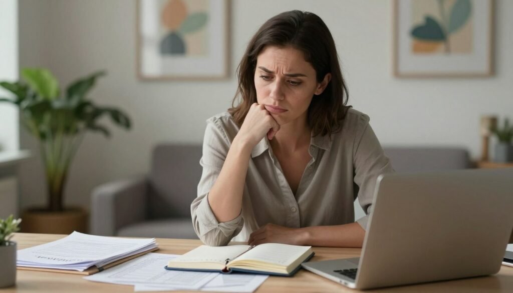 ADHD in Women: The Signs That Are Often Missed 3 A thoughtful woman sits at a desk in a cozy, well-lit office, surrounded by organized papers and a laptop, conveying a sense of contemplation. She appears to be evaluating ADHD symptoms, with a notebook open beside her, filled with notes and checklists. In the foreground, a close-up of the woman’s face, showcasing her focused expression and slight furrow of the brow, captures the emotional weight of seeking comprehension of her experiences. The middle ground displays soft natural lighting that casts gentle shadows, while the background features calming artwork and greenery, enhancing the serene atmosphere. The mood is reflective and professional, emphasizing the importance of understanding and evaluating ADHD symptoms in women. The image is captured through a shallow depth of field, using a warm color palette for a comforting vibe.