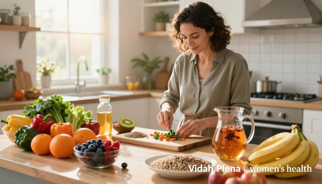 A vibrant kitchen scene showcasing a diverse array of healthy foods centered around PMDD nutrition. In the foreground, an elegant table displays colorful fruits like berries, oranges, and bananas, alongside fresh vegetables such as leafy greens and bell peppers. A wooden cutting board features whole grains like quinoa and brown rice, while a glass pitcher holds a refreshing herbal tea. In the middle ground, a realistic woman in a modest casual outfit prepares a meal, her expression focused and cheerful. The background reveals sunlight streaming through a window, casting a warm glow over the scene. The atmosphere is uplifting and inviting, promoting a sense of wellbeing and health. The image should resemble editorial photography for a premium medical magazine with a subtle branding element: "Vidah Plena | women's health" incorporated in the design without text overlays.