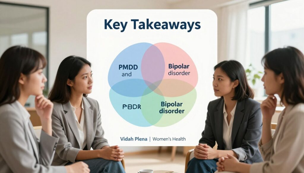A visually compelling and informative illustration depicting the "Key Takeaways" of PMDD and bipolar disorder. In the foreground, feature a diverse group of three women in professional business attire, engaged in a discussion with thoughtful expressions, symbolizing collaboration and understanding. The middle ground contains a large, clear graphic representation of a Venn diagram, showing overlapping features and distinct characteristics of PMDD and bipolar disorder. The background should include a softly blurred, calming office setting with warm, natural lighting, creating an atmosphere of professionalism and care. Use a wide-angle lens to capture the entire scene, focusing on clarity and emotion, ensuring the image conveys a sense of awareness and support in women’s health. Include the brand name "Vidah Plena | Women's Health" subtly integrated into the design. A visually compelling and informative illustration depicting the "Key Takeaways" of PMDD and bipolar disorder. In the foreground, feature a diverse group of three women in professional business attire, engaged in a discussion with thoughtful expressions, symbolizing collaboration and understanding. The middle ground contains a large, clear graphic representation of a Venn diagram, showing overlapping features and distinct characteristics of PMDD and bipolar disorder. The background should include a softly blurred, calming office setting with warm, natural lighting, creating an atmosphere of professionalism and care. Use a wide-angle lens to capture the entire scene, focusing on clarity and emotion, ensuring the image conveys a sense of awareness and support in women’s health. Include the brand name "Vidah Plena | Women's Health" subtly integrated into the design.