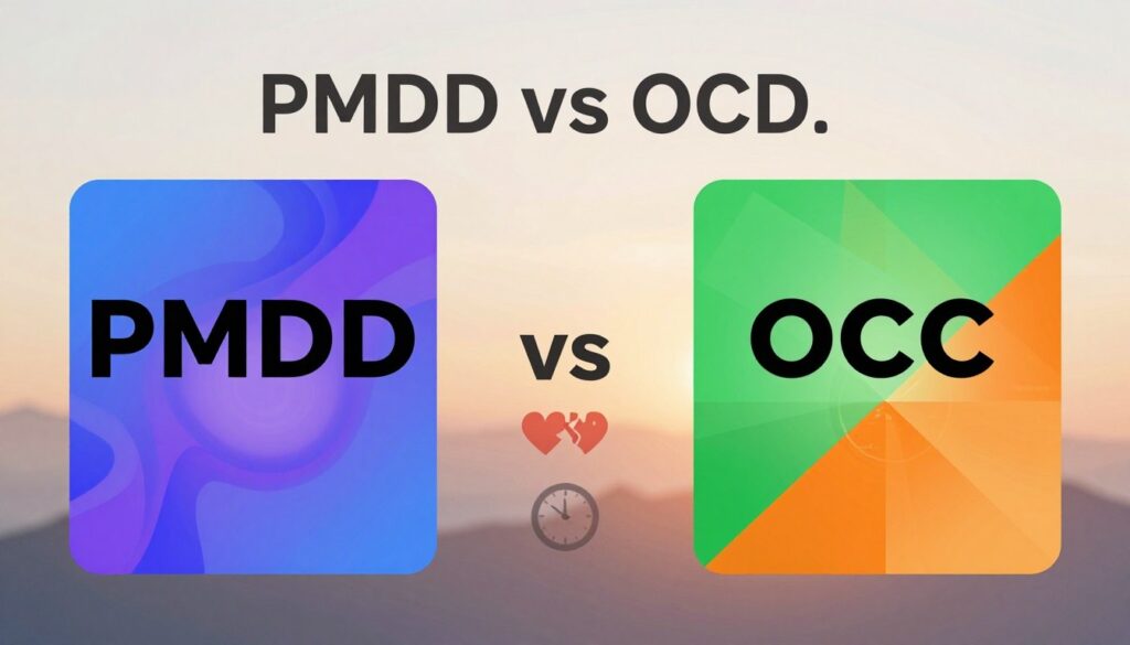 A visually compelling comparison table highlighting "PMDD vs OCD." In the foreground, display two abstract representations: one side symbolizes PMDD with soft, swirling colors like shades of blue and purple, reflecting emotional depth and turbulence, and the other side for OCD illustrated with structured geometric patterns in sharp colors like vibrant green and orange, symbolizing rigidity and control. In the middle ground, integrate subtle icons representing symptoms and causes, such as a broken heart for PMDD and a clock for OCD. The background features a softly blurred gradient to add depth without distractions. Use warm, natural lighting to invoke a sense of empathy and understanding. The overall atmosphere is professional yet emotional, ideal for a women's health context. Include the brand name "Vidah Plena | Women's Health" subtly within the design, ensuring it is not overpowering the visuals. A visually compelling comparison table highlighting "PMDD vs OCD." In the foreground, display two abstract representations: one side symbolizes PMDD with soft, swirling colors like shades of blue and purple, reflecting emotional depth and turbulence, and the other side for OCD illustrated with structured geometric patterns in sharp colors like vibrant green and orange, symbolizing rigidity and control. In the middle ground, integrate subtle icons representing symptoms and causes, such as a broken heart for PMDD and a clock for OCD. The background features a softly blurred gradient to add depth without distractions. Use warm, natural lighting to invoke a sense of empathy and understanding. The overall atmosphere is professional yet emotional, ideal for a women's health context. Include the brand name "Vidah Plena | Women's Health" subtly within the design, ensuring it is not overpowering the visuals.