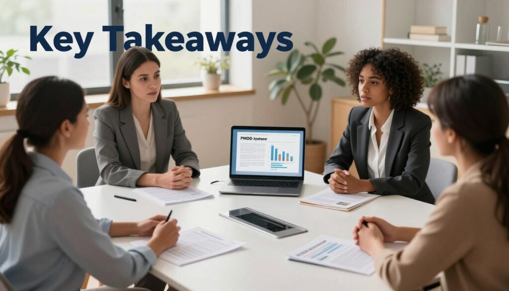 A visually compelling editorial illustration depicting "Key Takeaways" on PMDD Anxiety for a premium medical magazine. In the foreground, a diverse group of three women in professional business attire, engaged in a discussion about emotional well-being and mental health. The middle ground features a stylish and modern conference table with research papers, and a laptop displaying charts on PMDD symptoms. The background showcases a calming, well-lit office space with soft, natural light filtering through large windows, creating a serene atmosphere. Use a slightly elevated angle to capture the scene, enhancing the sense of collaboration and support. The overall mood should be informative, empowering, and encouraging, aligning with the values of Vidah Plena | women's health.