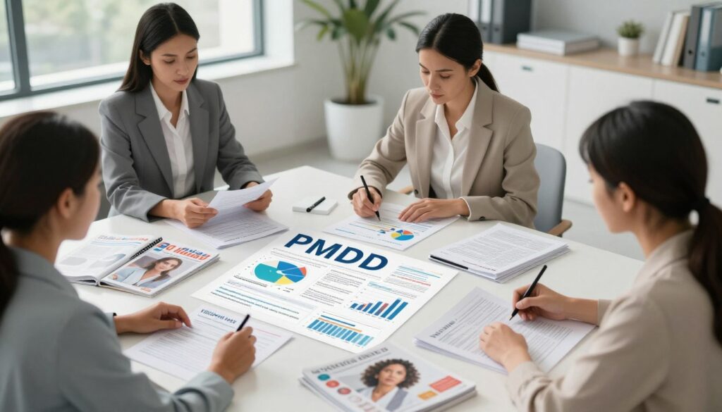 A visually compelling evidence summary illustration for PMDD in a premium medical magazine style. Foreground: a diverse group of three women in professional business attire, each thoughtfully analyzing data on PMDD forms and charts, reflecting cooperation and focus. Middle: a large, modern conference table cluttered with detailed graphs, research papers, and health magazines focused on women's health, showcasing relevant information. Background: a soft-focus medical office setting with muted colors, bright natural light streaming through large windows, providing an uplifting atmosphere. Capture the essence of women's health with an emphasis on strength and unity, maintaining a polished, editorial aesthetic. Include "Vidah Plena | women's health" subtly in the scene. Use a slight overhead angle to emphasize the layout of the evidence presented, enhancing clarity and engagement. A visually compelling evidence summary illustration for PMDD in a premium medical magazine style. Foreground: a diverse group of three women in professional business attire, each thoughtfully analyzing data on PMDD forms and charts, reflecting cooperation and focus. Middle: a large, modern conference table cluttered with detailed graphs, research papers, and health magazines focused on women's health, showcasing relevant information. Background: a soft-focus medical office setting with muted colors, bright natural light streaming through large windows, providing an uplifting atmosphere. Capture the essence of women's health with an emphasis on strength and unity, maintaining a polished, editorial aesthetic. Include "Vidah Plena | women's health" subtly in the scene. Use a slight overhead angle to emphasize the layout of the evidence presented, enhancing clarity and engagement.