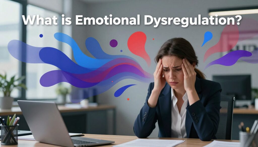 A visually compelling illustration representing "What is Emotional Dysregulation?" in the context of women's mental health. In the foreground, a woman in professional business attire sits at a desk, her expression reflecting confusion and frustration, embodying the struggles of emotional control. In the middle, various abstract shapes and colors swirl around her, symbolizing chaotic emotions and internal conflict, blending vibrant hues of blue, red, and purple to convey tension. The background depicts a serene office space with soft lighting, imparting a stark contrast to the emotional turmoil in the foreground. The overall mood should be one of introspection and complexity, capturing the essence of emotional dysregulation. This image aligns perfectly with the theme of women’s health and is crafted with premium quality for "Vidah Plena | Women's Health". A visually compelling illustration representing "What is Emotional Dysregulation?" in the context of women's mental health. In the foreground, a woman in professional business attire sits at a desk, her expression reflecting confusion and frustration, embodying the struggles of emotional control. In the middle, various abstract shapes and colors swirl around her, symbolizing chaotic emotions and internal conflict, blending vibrant hues of blue, red, and purple to convey tension. The background depicts a serene office space with soft lighting, imparting a stark contrast to the emotional turmoil in the foreground. The overall mood should be one of introspection and complexity, capturing the essence of emotional dysregulation. This image aligns perfectly with the theme of women’s health and is crafted with premium quality for "Vidah Plena | Women's Health".