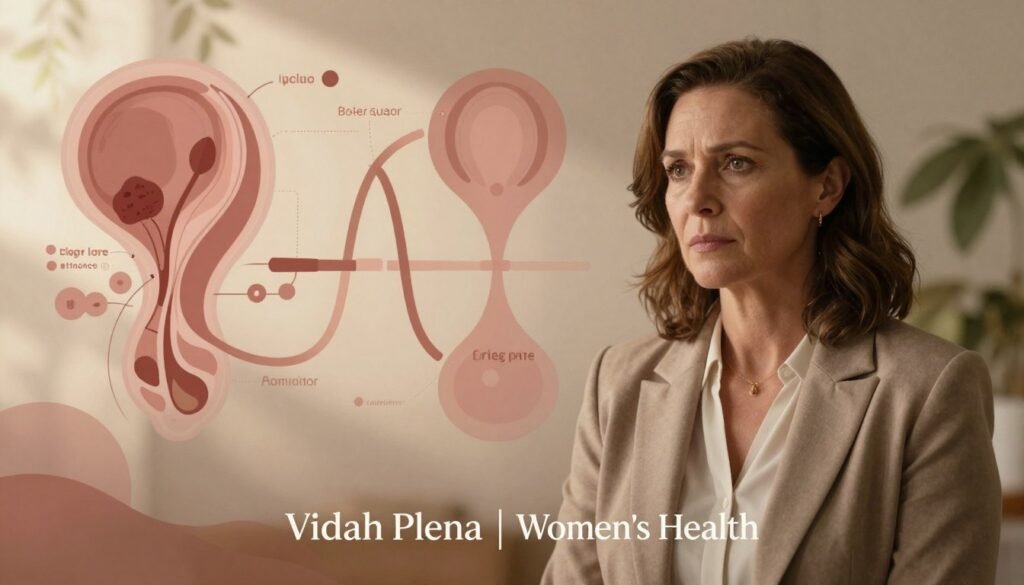 Perimenopause vs Depression: Understanding the Overlap 1 A visually compelling illustration representing biological shifts during reproductive aging, focusing on hormonal changes related to perimenopause and its emotional impact. In the foreground, a professional woman in smart casual attire, with a thoughtful expression, symbolizes resilience. The middle ground features abstract organic shapes and flowing lines representing biological processes, like fluctuating hormones, in warm earthy tones. In the background, a soft-focus depiction of a serene environment, incorporating natural elements such as gentle light filtering through leaves, evokes a sense of calm. The overall mood should convey an atmosphere of reflection and understanding. The lighting is soft and diffused, casting warm hues to enhance emotional depth. The image should be realistic and premium quality, formatted for editorial use in women's health, branded with "Vidah Plena | Women's Health".