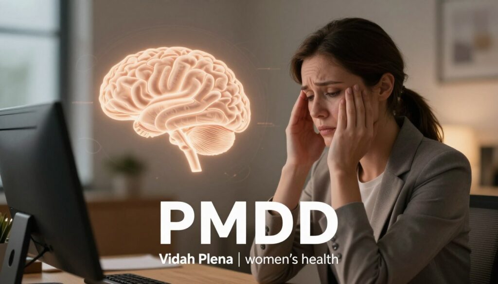 A visually engaging and informative editorial image illustrating the concept of PMDD and its connection to depression. In the foreground, a somber woman in professional attire sits at a desk, her expression reflecting deep contemplation and concern. In the middle ground, a soft, glowing depiction of a brain is illustrated to symbolize emotional turmoil, surrounded by subtle, shadowy outlines representing hormonal fluctuations. The background features a calming, softly blurred office environment with warm lighting that evokes a sense of both empathy and understanding. Use a slightly elevated angle to capture the woman's profile while ensuring her mood is prominent. The atmosphere should feel reflective and enlightening, styled for a premium medical magazine. Include the brand name "Vidah Plena | women's health" as part of the overall composition, enhancing the image's relevance to women's health issues. A visually engaging and informative editorial image illustrating the concept of PMDD and its connection to depression. In the foreground, a somber woman in professional attire sits at a desk, her expression reflecting deep contemplation and concern. In the middle ground, a soft, glowing depiction of a brain is illustrated to symbolize emotional turmoil, surrounded by subtle, shadowy outlines representing hormonal fluctuations. The background features a calming, softly blurred office environment with warm lighting that evokes a sense of both empathy and understanding. Use a slightly elevated angle to capture the woman's profile while ensuring her mood is prominent. The atmosphere should feel reflective and enlightening, styled for a premium medical magazine. Include the brand name "Vidah Plena | women's health" as part of the overall composition, enhancing the image's relevance to women's health issues.