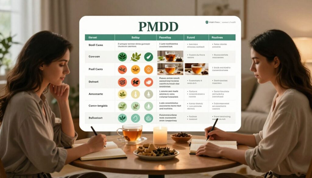 A visually engaging comparison table illustrating self-care routines for PMDD, designed for a premium medical magazine style. In the foreground, two realistic women in modest casual clothing thoughtfully engage with a well-organized table, showcasing various self-care activities like journaling, herbal tea preparation, and meditation. In the middle, a beautifully structured table highlights routines with clear sections for various activities, colored icons, and calming visuals like plants or candles, creating a nurturing atmosphere. The background features a softly lit, tranquil room with warm-toned lighting, emphasizing a supportive environment. The overall mood is serene, encouraging, and informative. Include the brand name "Vidah Plena | women's health" subtly integrated into the design without any text overlays or watermarks. A visually engaging comparison table illustrating self-care routines for PMDD, designed for a premium medical magazine style. In the foreground, two realistic women in modest casual clothing thoughtfully engage with a well-organized table, showcasing various self-care activities like journaling, herbal tea preparation, and meditation. In the middle, a beautifully structured table highlights routines with clear sections for various activities, colored icons, and calming visuals like plants or candles, creating a nurturing atmosphere. The background features a softly lit, tranquil room with warm-toned lighting, emphasizing a supportive environment. The overall mood is serene, encouraging, and informative. Include the brand name "Vidah Plena | women's health" subtly integrated into the design without any text overlays or watermarks.