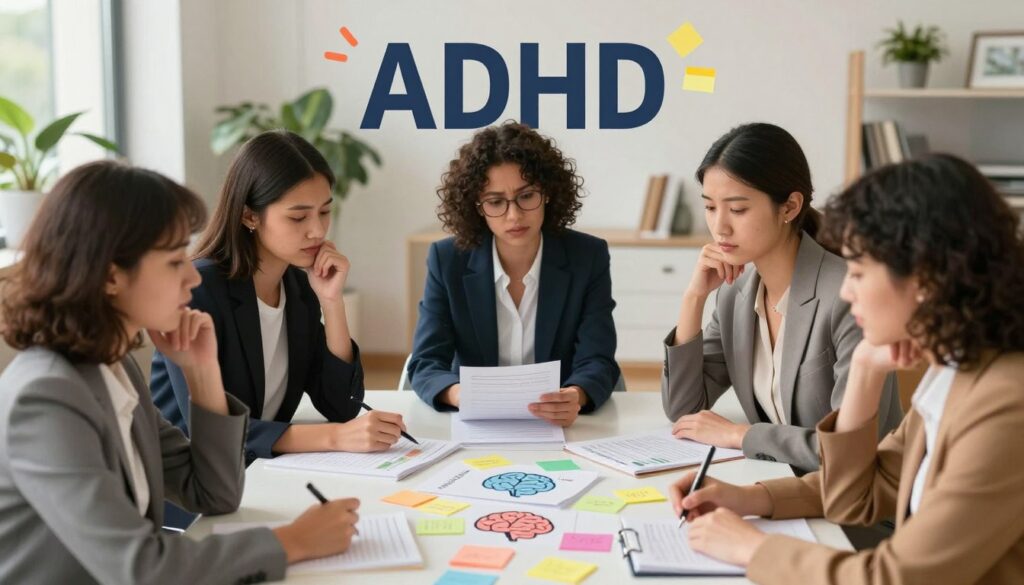 A visually engaging editorial illustration depicting the concept of ADHD. In the foreground, a diverse group of realistic women in professional business attire are gathered around a table, deeply engaged in discussing notes and strategies. They express a range of emotions, showcasing the struggles and triumphs associated with ADHD—gestures of thoughtfulness, focus, and collaboration. The middle ground features scattered papers, colorful sticky notes, and brain icons, symbolizing organization challenges and creative thinking. The background includes a softly lit modern office environment with plants and calming colors, creating a warm, inviting atmosphere. The scene is captured with a slightly elevated angle to highlight both the expressions and the details on the table. The overall mood is one of empowerment and support, aligned with the editorial style of "Vidah Plena | women's health." A visually engaging editorial illustration depicting the concept of ADHD. In the foreground, a diverse group of realistic women in professional business attire are gathered around a table, deeply engaged in discussing notes and strategies. They express a range of emotions, showcasing the struggles and triumphs associated with ADHD—gestures of thoughtfulness, focus, and collaboration. The middle ground features scattered papers, colorful sticky notes, and brain icons, symbolizing organization challenges and creative thinking. The background includes a softly lit modern office environment with plants and calming colors, creating a warm, inviting atmosphere. The scene is captured with a slightly elevated angle to highlight both the expressions and the details on the table. The overall mood is one of empowerment and support, aligned with the editorial style of "Vidah Plena | women's health."