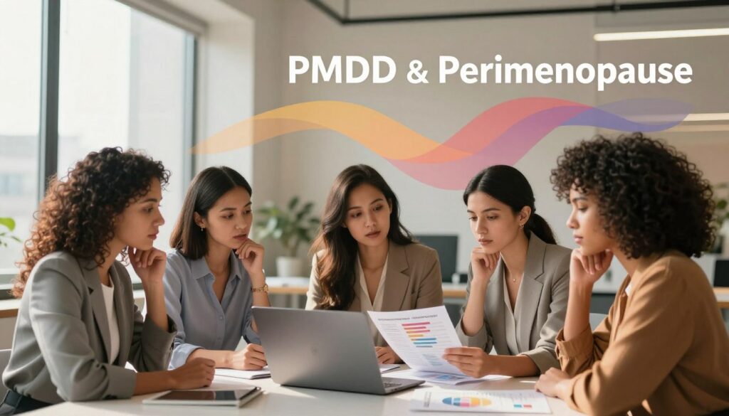 A visually engaging evidence summary illustration comparing PMDD and perimenopause. In the foreground, a diverse group of three realistic women in professional business attire are gathered around a table, examining charts and graphs on a laptop, expressing thoughtful engagement. The middle ground features a sleek, modern office environment with soft, natural lighting streaming in through large windows, casting warm tones. The background includes abstract representations of hormones and mood swings illustrated in flowing colors, symbolizing the complexity of these conditions. The overall mood is informative yet empathetic, inviting understanding and discussion. Emphasize a premium medical magazine style, reflecting the brand "Vidah Plena | women's health" subtly integrated into the scene.