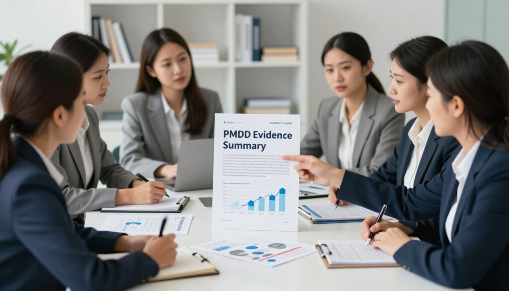 A visually engaging evidence summary on PMDD, featuring a clean and organized layout. In the foreground, a diverse group of professional women in business attire are engaged in a discussion, with some taking notes and others pointing at a large document labeled "PMDD Evidence Summary." The middle ground displays a well-lit conference table strewn with research papers, medical journals, and graphs illustrating PMDD statistics. In the background, a softly blurred bookshelf holds additional medical literature. Utilize natural lighting to create an inviting atmosphere, reminiscent of a modern medical office. The image should convey professionalism and collaboration. This composition reflects the essence of women's health in a premium medical magazine style, branded "Vidah Plena | women's health." A visually engaging evidence summary on PMDD, featuring a clean and organized layout. In the foreground, a diverse group of professional women in business attire are engaged in a discussion, with some taking notes and others pointing at a large document labeled "PMDD Evidence Summary." The middle ground displays a well-lit conference table strewn with research papers, medical journals, and graphs illustrating PMDD statistics. In the background, a softly blurred bookshelf holds additional medical literature. Utilize natural lighting to create an inviting atmosphere, reminiscent of a modern medical office. The image should convey professionalism and collaboration. This composition reflects the essence of women's health in a premium medical magazine style, branded "Vidah Plena | women's health."