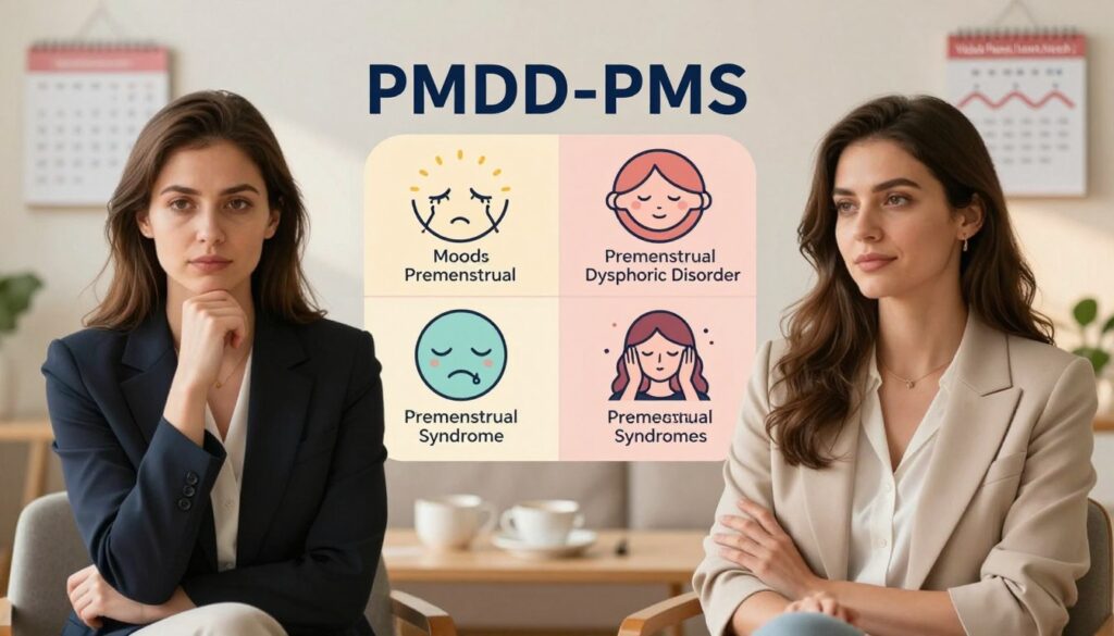A visually engaging illustration depicting the key differences between PMDD (Premenstrual Dysphoric Disorder) and PMS (Premenstrual Syndrome). In the foreground, two professional women, one representing PMDD in a thoughtful pose, and the other symbolizing PMS in a more relaxed demeanor, both dressed in smart business attire. In the middle ground, a split graphic featuring distinct visual cues such as mood swings, physical symptoms, and emotional impact related to each condition. In the background, subtle representations of a calendar and hormonal cycle charts, softly illuminated with warm, natural lighting to create an inviting atmosphere. The overall tone conveys informative professionalism suitable for a premium medical magazine, branded with "Vidah Plena | women's health."