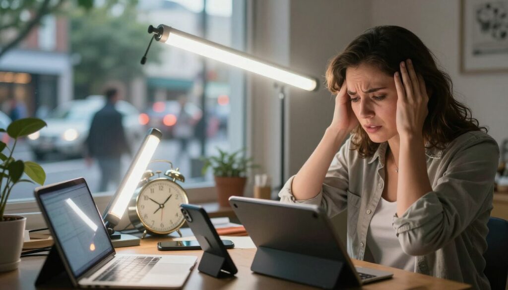 A visually engaging scene depicting common triggers of PMDD sensory overload. In the foreground, a woman in modest casual clothing appears overwhelmed, covering her ears as bright, chaotic light bursts from various electronic devices like smartphones and tablets. In the middle, household items like flickering fluorescent lights and a ticking clock create a sense of anxiety and tension. The background features a bustling urban street, with blurred figures and traffic noise contributing to the sensory chaos. Natural light filters through an open window, contrasting with the harsh artificial lights. The overall atmosphere conveys distress and emotional intensity, while maintaining a professional and realistic representation. High-resolution, premium quality image for editorial women’s health context. Vidah Plena | Women's Health. A visually engaging scene depicting common triggers of PMDD sensory overload. In the foreground, a woman in modest casual clothing appears overwhelmed, covering her ears as bright, chaotic light bursts from various electronic devices like smartphones and tablets. In the middle, household items like flickering fluorescent lights and a ticking clock create a sense of anxiety and tension. The background features a bustling urban street, with blurred figures and traffic noise contributing to the sensory chaos. Natural light filters through an open window, contrasting with the harsh artificial lights. The overall atmosphere conveys distress and emotional intensity, while maintaining a professional and realistic representation. High-resolution, premium quality image for editorial women’s health context. Vidah Plena | Women's Health.