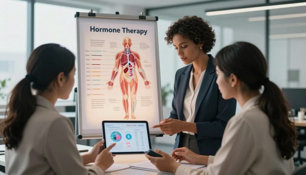 A visually engaging scene depicting the concept of hormone therapy risk factors in a professional context. In the foreground, a diverse group of three women, dressed in professional business attire, are discussing health charts and presenting research on a tablet, reflecting collaboration and support. In the middle ground, an anatomical chart outlining hormone levels and potential risks, such as blood clots and mood changes, is softly illuminated. The background features a calm, modern office environment with natural lighting coming through large windows, creating an atmosphere of safety and professionalism. The overall mood is informative and empowering, underscoring the importance of informed health choices. The image should convey a sense of trust and knowledge, suitable for editorial content in women’s health, branded as "Vidah Plena | Women's Health."
