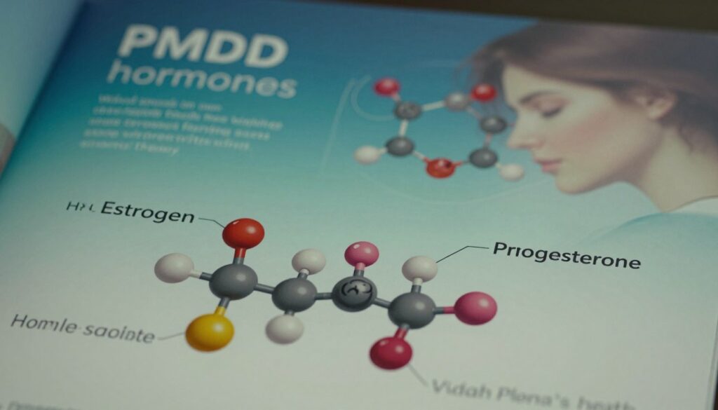 A visually informative representation of PMDD hormones, showcasing a detailed molecular structure of hormones such as estrogen and progesterone in vibrant colors. The foreground features realistic illustrations of these hormone molecules, with labels highlighting their key functions in a clear and professional manner. In the middle ground, a subtle diagram illustrates the hormonal sensitivity theory, emphasizing the relationship between hormonal fluctuations and mood changes. The background should depict a calm, serene environment, perhaps with a soft gradient of blues and greens to evoke a sense of balance and wellness. The lighting is soft yet focused, mimicking natural light, and the lens angle offers a slight top-down perspective to engage the viewer. Aim for a mood that is informative and uplifting, ideal for a premium medical magazine style. Include the brand name "Vidah Plena | women's health" delicately integrated into the design.