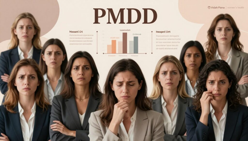A visually striking collage illustrating the key takeaways of PMDD (Premenstrual Dysphoric Disorder) rage, focusing on emotional expressions. In the foreground, a diverse group of realistic women, dressed in professional business attire, expressing a range of emotions from frustration to understanding, with a backdrop of muted colors symbolizing inner turmoil. In the middle ground, simplified infographic elements representing statistics and insights about PMDD, artistically integrated into the composition. The background features soft, abstract shapes and warm lighting that evokes a sense of empathy and awareness. The overall mood is reflective yet empowering, emphasizing the importance of understanding PMDD. Styled for a premium medical magazine showcasing women's health, incorporating the brand name "Vidah Plena | women's health" subtly into the design.